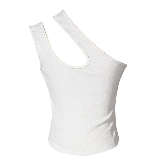 Asymmetric One Shoulder Ribbed Knit Fitted Crop Tank Top
