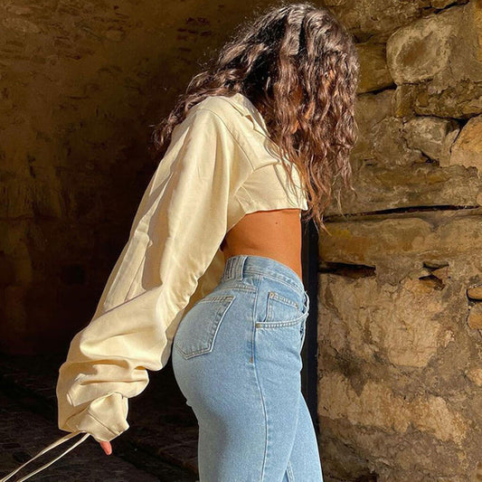 Chic Ruched Balloon Sleeve Lapel Collar Crop Blouse - Apricot