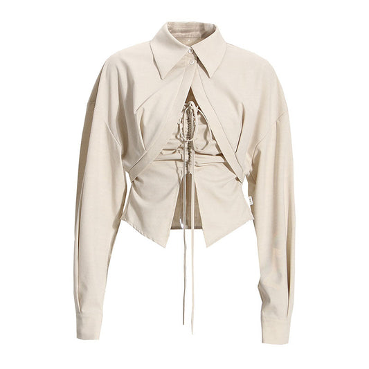 Chic Self Tie Drawstring Ruched Front Split V Neck Crop Tank Top