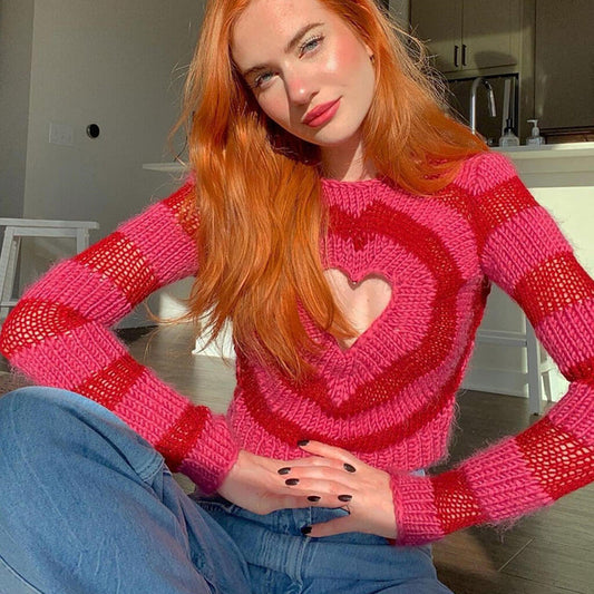 Contrast Striped Print Heart CutOut Round Neck Long Sleeve Cropped Sweater - Red