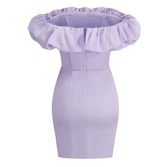 Dramatic Ruffle Off the Shoulder Side Split Satin Bodycon Mini Party Dress