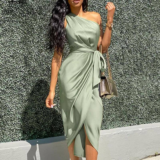 Vintage  Asymmetrical One Shoulder Sleeveless Bodycon Women Dress