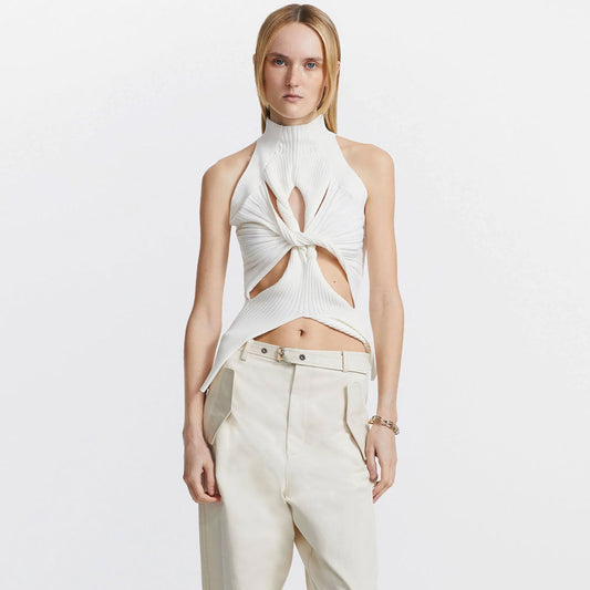 Edgy Twisted CutOut Front High Neck Racer Back Ribbed Knit Tank Top - White