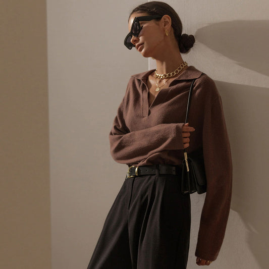 Fabulous Solid Color Collared V Neck Long Sleeve Sweater - Coffee