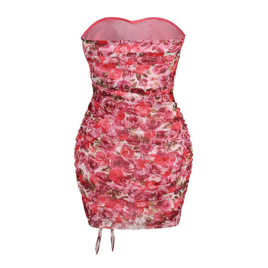 FeMinine Floral Print Rosette Sweetheart Ruffle Trim Ruched Mini Tube Dress