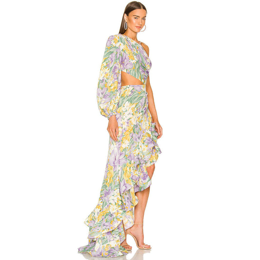 Luxury One Shoulder CutOut Satin Ruffle Floral Evening Dress - Purple