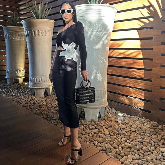 Opulent Pearl FLower One Shoulder Cut Out Waist Winter Midi Cocktail Dress