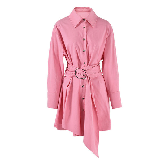 Oversized Belted Collared Button Down O Ring Long Sleeve Tunic Effect Mini Shirt Dress