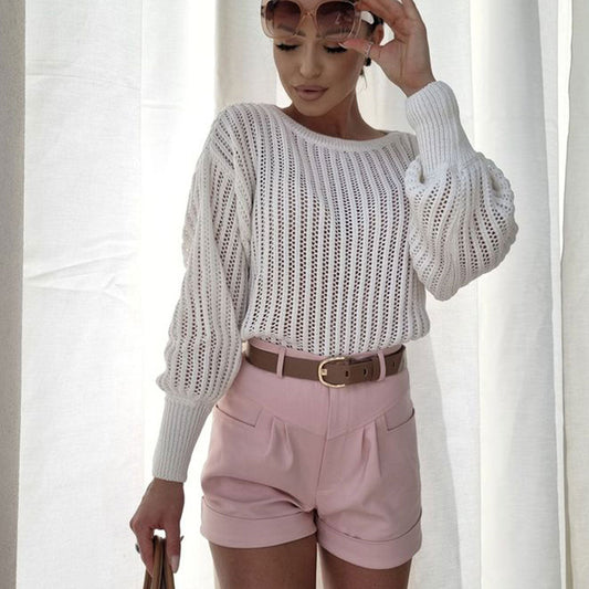 Pretty Crochet Knit Drop Shoulder Bishop Sleeve Crew Neck Sweater - White