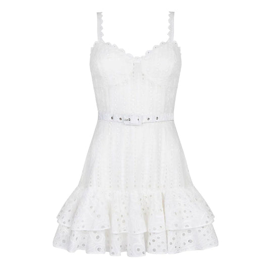 Pretty Scalloped Sweetheart Cami Smocked Belted Tiered Broderie Anglaise Mini SunDress