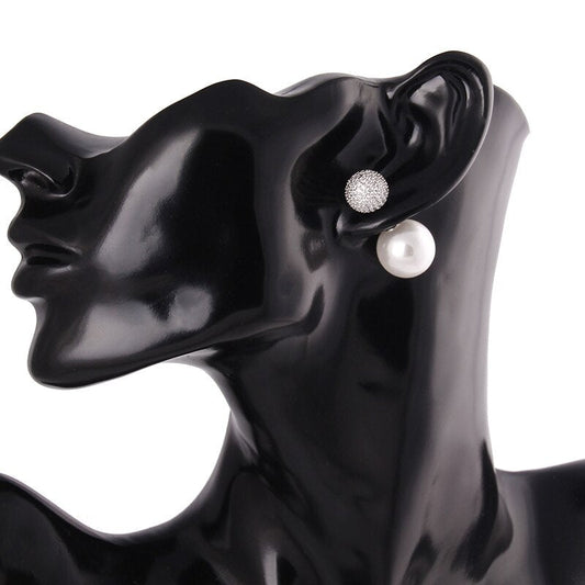 Luxury Simulated Full Prong Silver Pearl CZ Reversible Double Ball Stud Earrings