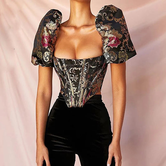 Highstreet Square Collar Jacquard Boned Puff Sleve Women Crop Top