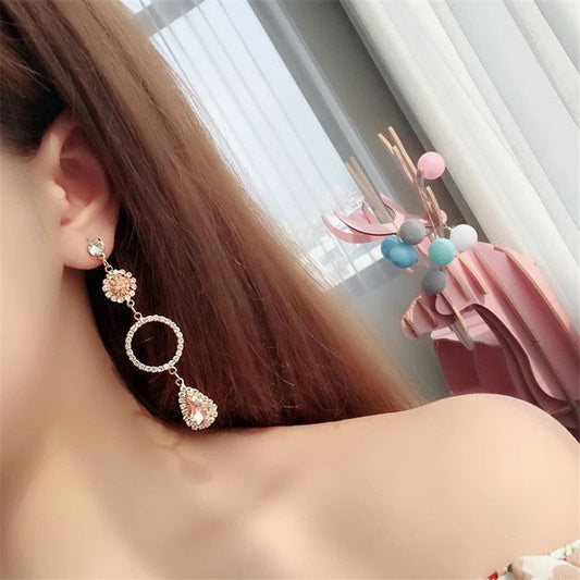 Korean Baroque Water Drop and Moon Circular Crystal Dangle Earrings