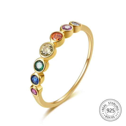 925 Sterling Silver Rainbow Gemstones Ring for Women 14K Gold Plated