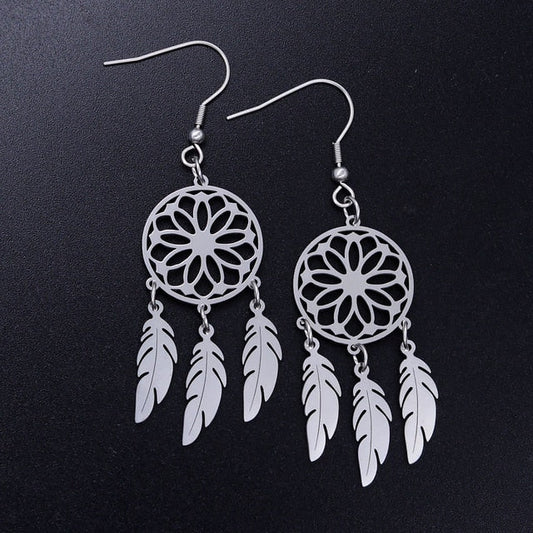 Unique Bohemia Lotus Dreamcatcher Stainless Steel Woman Earrings