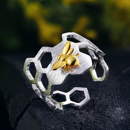 Small Bee 18k Gold Plated Honeycomb Open Rings