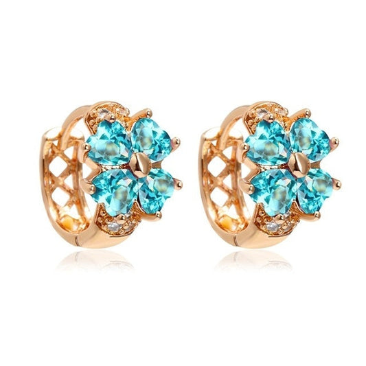 Blue Crystal Lucky Four Leaf Clover Heart Cut Small Hoop Earrings
