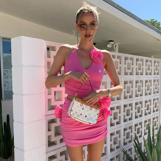 Sexy 3D Rosette Corsage Halter Neck Split CutOut Ruched Bodycon Mini Party Dress