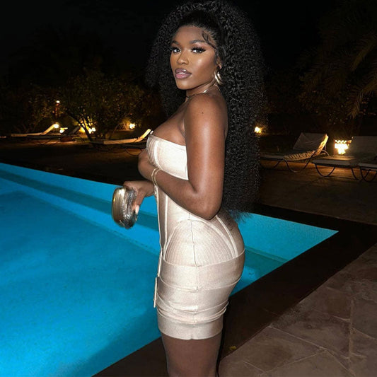 Sexy Buckle Detail Lace Up Strapless Bustier Mini Bandage Dress - Beige