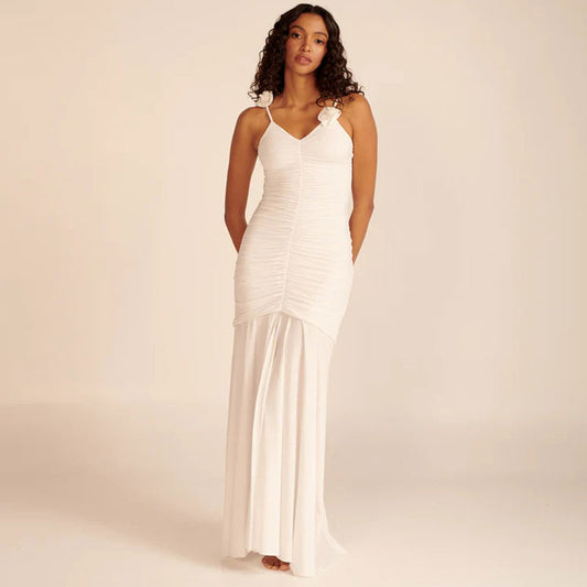 Sexy Rosette Applique Deep V Neck Ruched Split Sleeveless Maxi Evening Dress