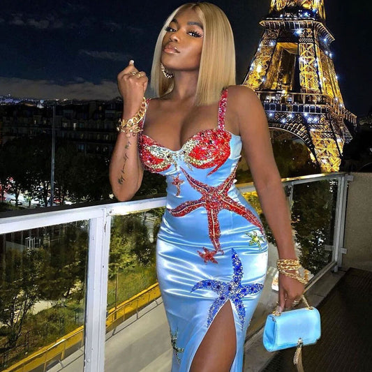 Sparkly Crystal Embellished High Slit Satin Cocktail Midi Dress - Blue