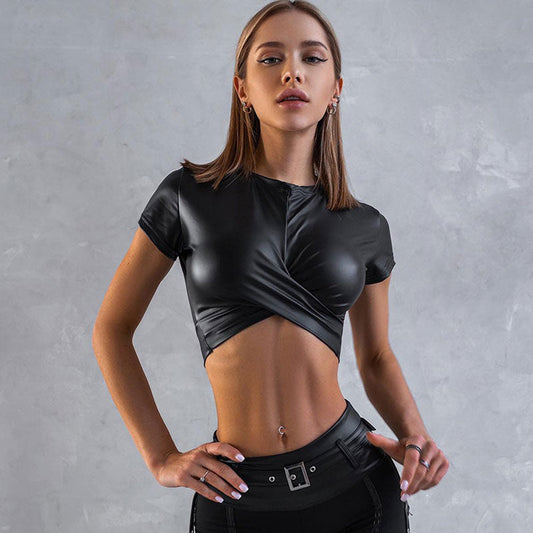 Trendy Twist Front Crew Neck Short Sleeve Faux Leather Crop Top - Black