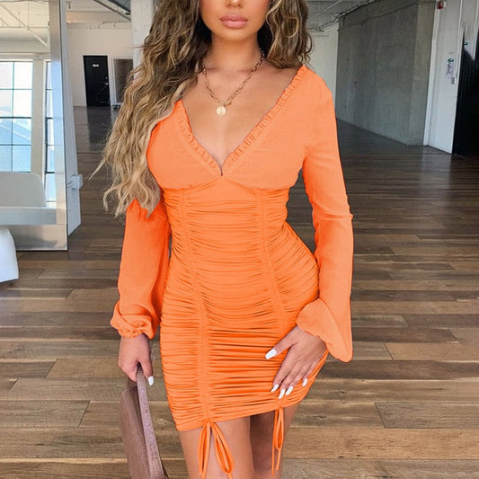 Chiffon Elastic Long Sleeve V- Neck  Women Bodycon Mini Dress