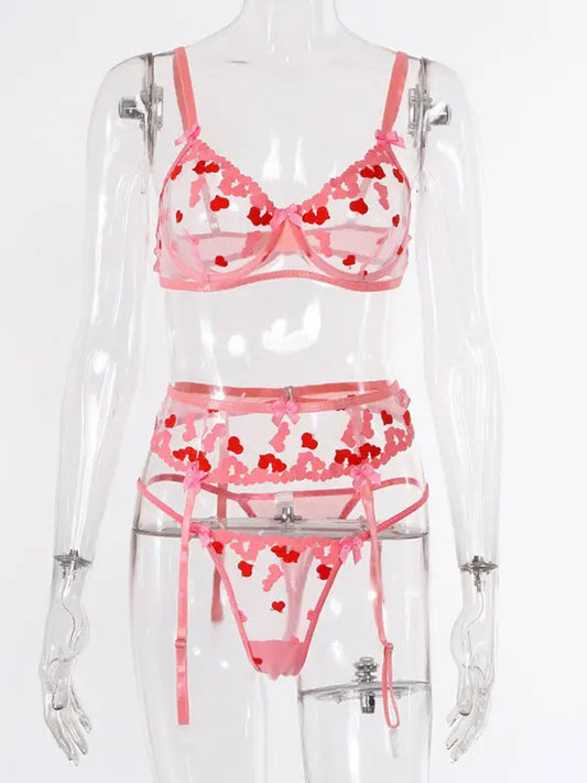 XOXO Sheer Embroidered 3-Pieces Garter Set